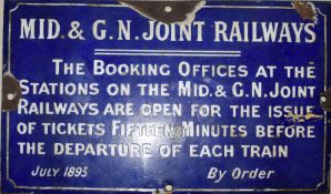 Scarce M&GN blue enamel sign 20 x 13cm ‘MID & GN JOINT RAILWAYS’ re ticket office opening. Dated