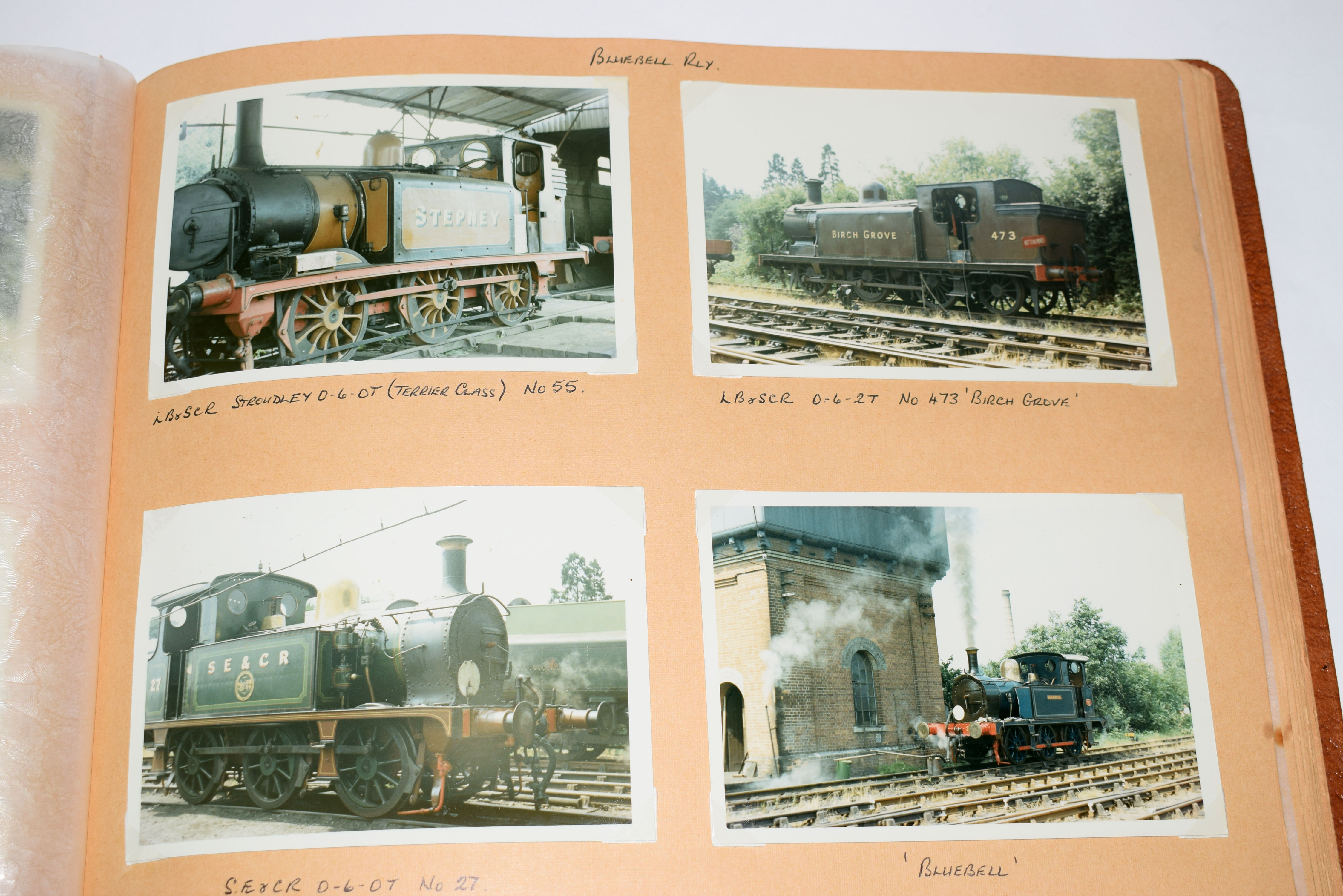 Brown photo album 34 x 24cm containing just over 200 labelled b/w and colour photos of British steam - Image 3 of 3