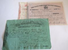 Three share certificates: £50 share in the West Cornwall Railway dated 16 Dec 1846. £25 share in the