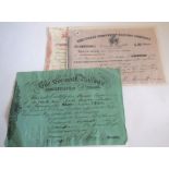 Three share certificates: £50 share in the West Cornwall Railway dated 16 Dec 1846. £25 share in the