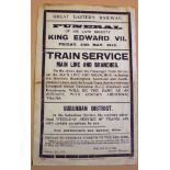 Original GER paper railway notice 31 x 19cm for train service arrangements on the occasion of the