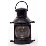 Small black Hand Lamp, No railway markings. Curved front. Fittings complete and all glass intact.