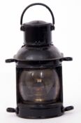 Small black Hand Lamp, No railway markings. Curved front. Fittings complete and all glass intact.