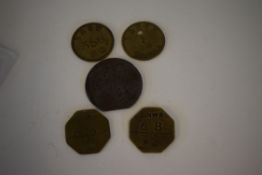 Collection of five LNWR Paychecks: 1 x circular brass ‘Walsall’, 1 x circular brass ‘PW’, 2 x