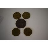 Collection of five LNWR Paychecks: 1 x circular brass ‘Walsall’, 1 x circular brass ‘PW’, 2 x