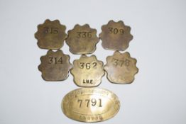 Collection of nine brass LNER railway Paychecks: 1 x large oval ‘Running Dept. Gorton’ together with