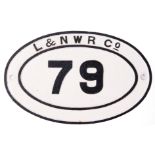 Railway Signage: Oval LNWR Bridge Plate ‘79’ 45 x 29cm restored face only some time ago.