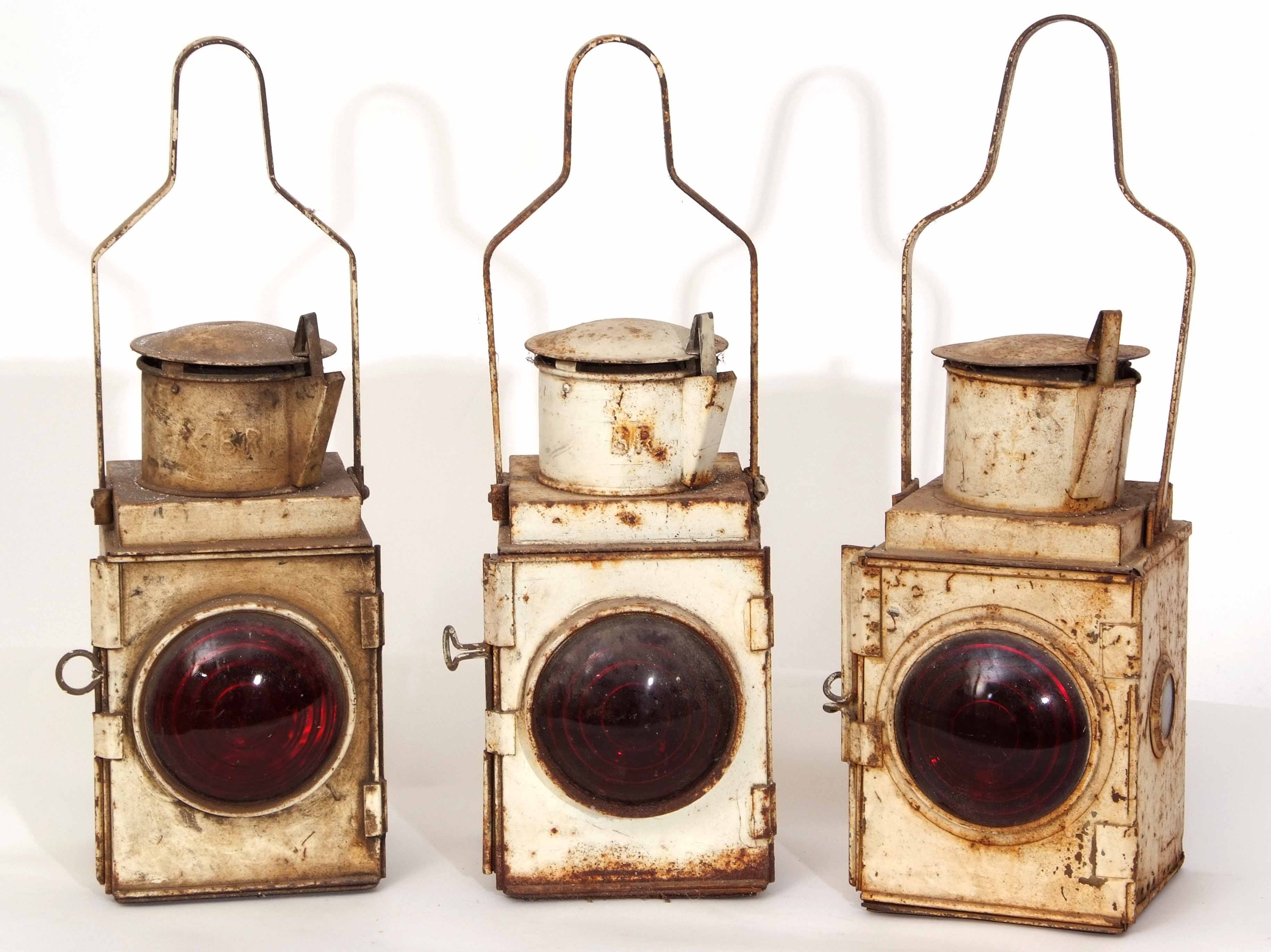 Railway Lamps: Three standard white BR stop/tail lamps 52cm high. Very dirty and rusty but all