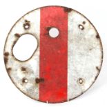 Railways Signalling Interest: Enamel ground signal disc plate only, 38cm dia, no spectacles. Ex