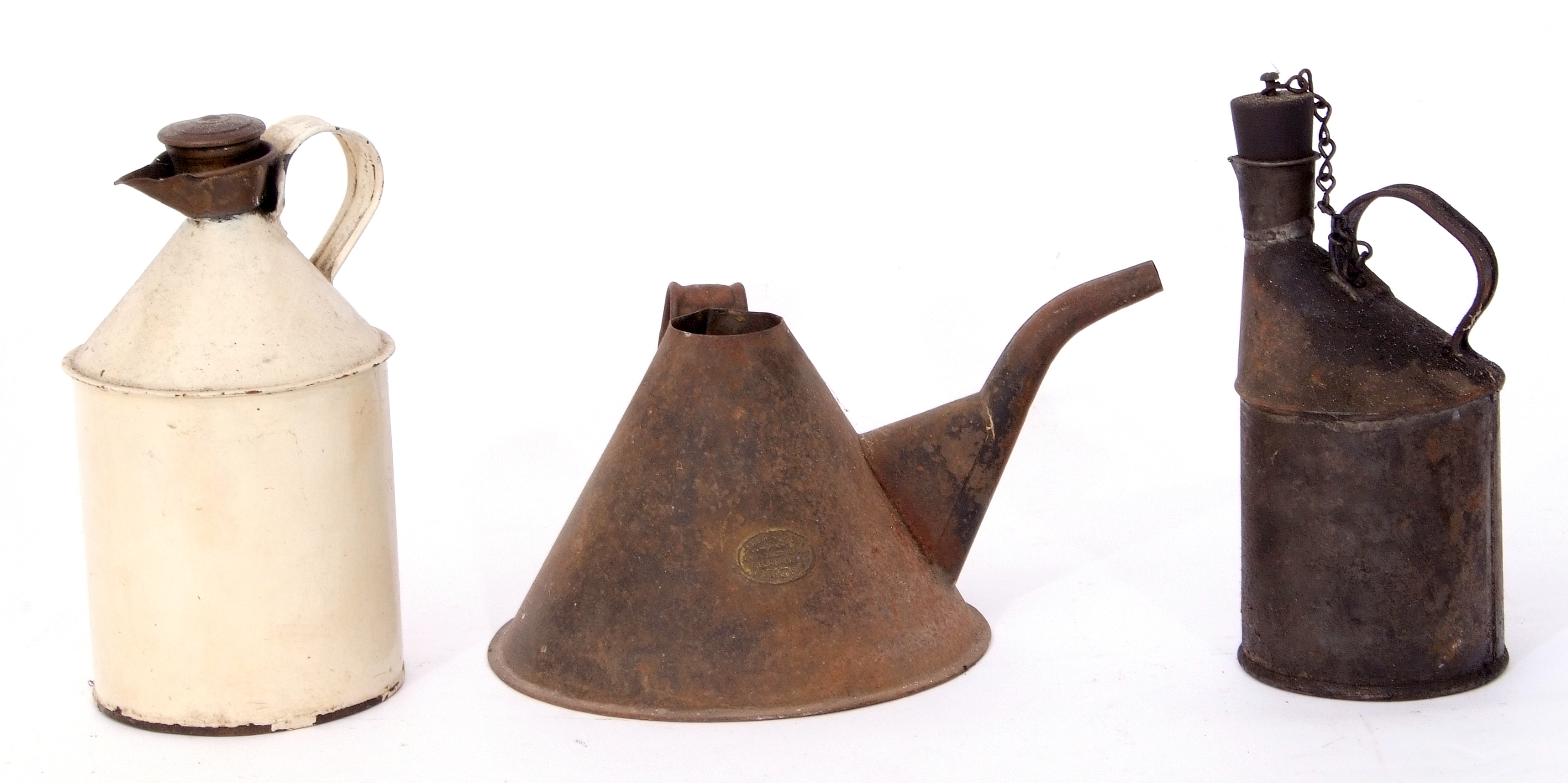 Railway Tools: Three small oil cans, one conical 18cm dia base, with no railway markings but brass