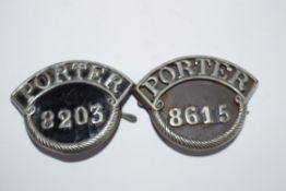 Two nickel railway Badges in good condition: ‘PORTER’ 8203 and 8615 on black background, believed to