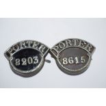 Two nickel railway Badges in good condition: ‘PORTER’ 8203 and 8615 on black background, believed to