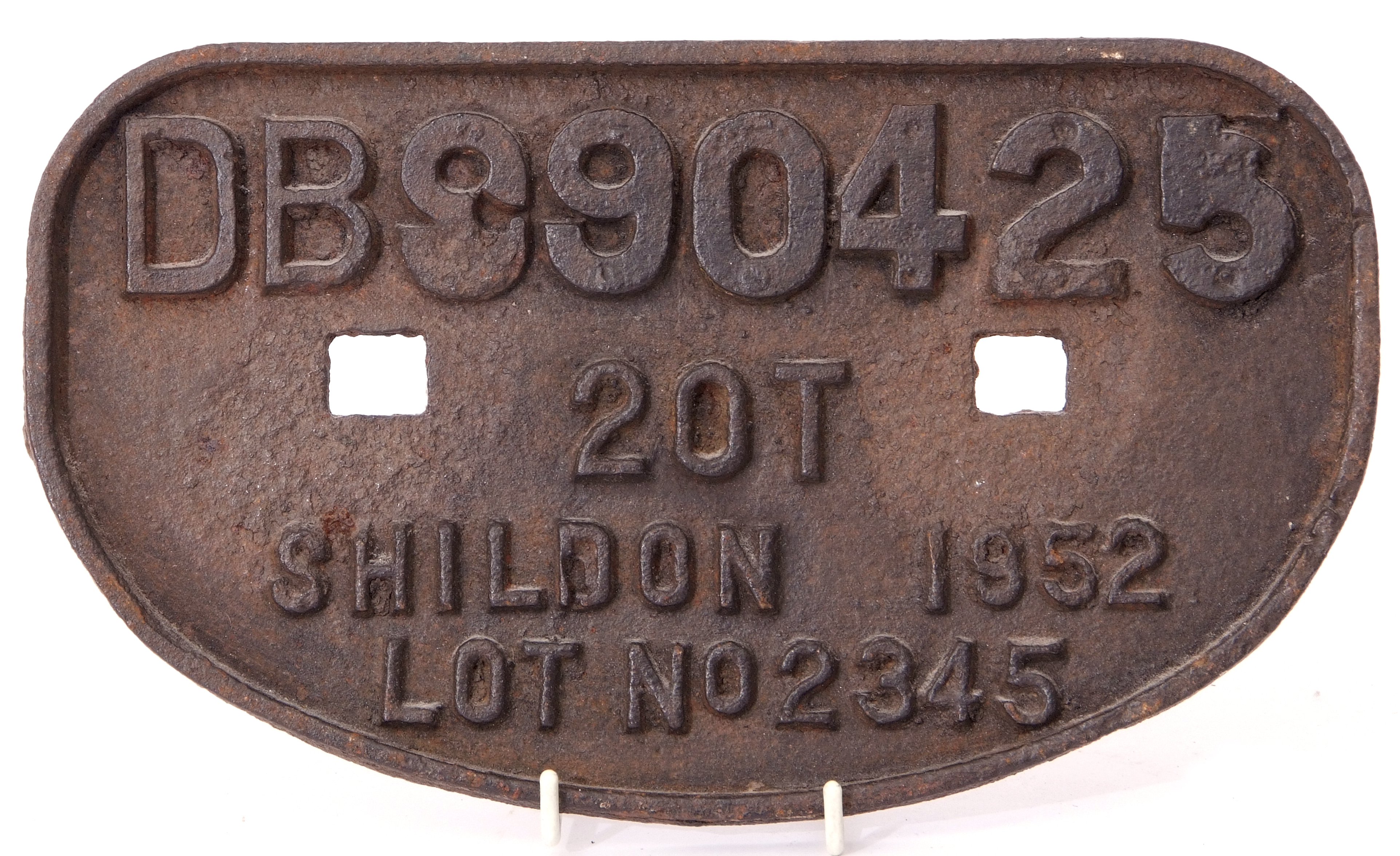 Railway Signage: BR wagon ‘D’ plate ‘20T Shildon 1952’ unrestored.