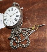 Railway Timekeepers watch with silver case hallmarked London 1929, suspended from a silver albert