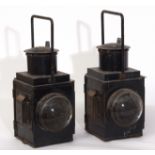 Railway Lamps: Pair of black BR 2-aspect lamps 46cm high, each with 2 x clear bullseye lenses.