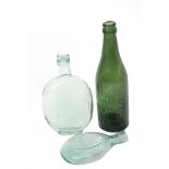 Three glass bottles: 2 x Midland Hotel Derby, flat clear glass, 14 and 18cm long, together with 1