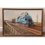 Framed railway-interest oil on board painting of A4 Pacific LNER 4468 ‘Mallard’ in garter blue