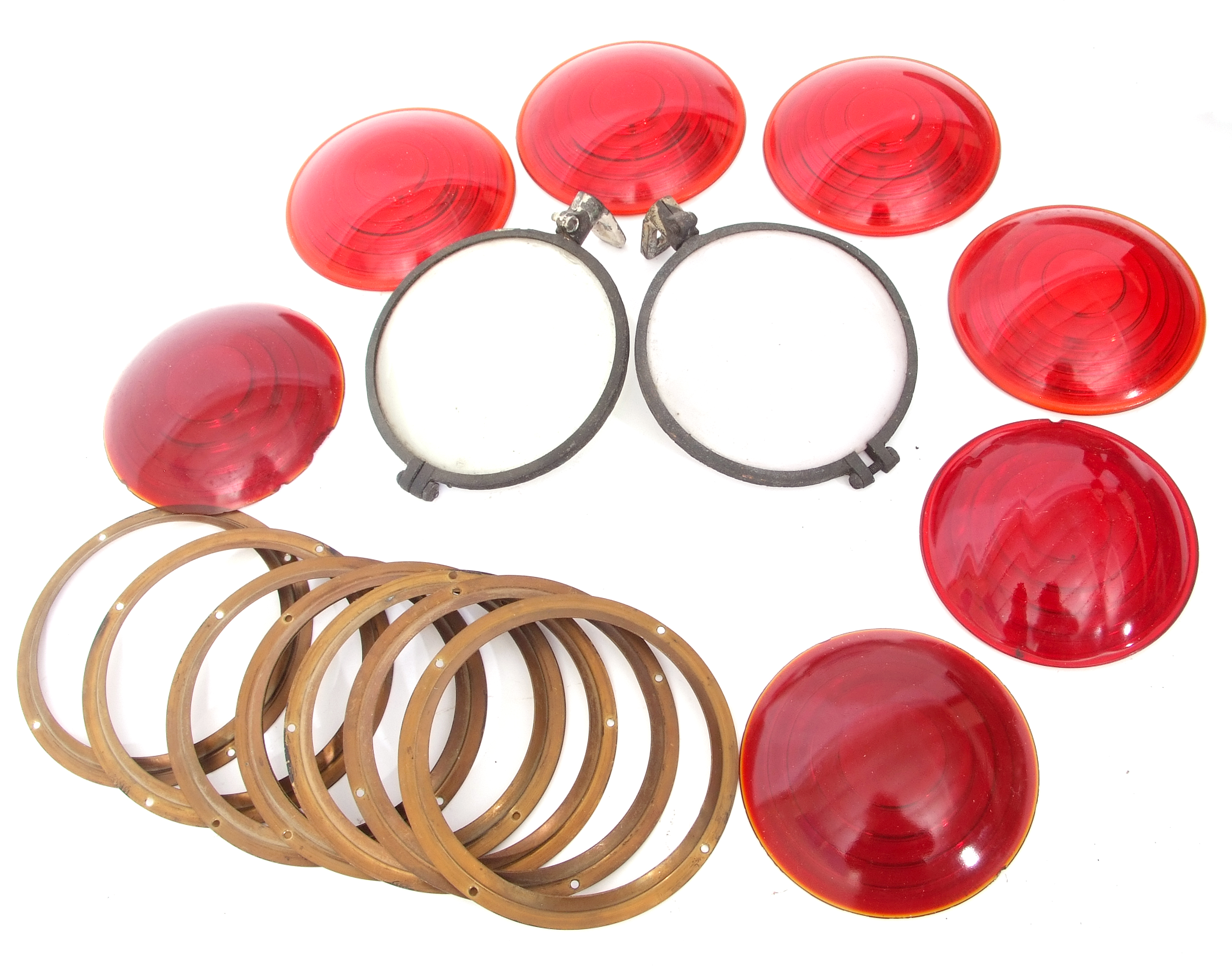 Railways Signalling Interest: Box of 7 x red glass lenses 13cm dia with separate brass retaining