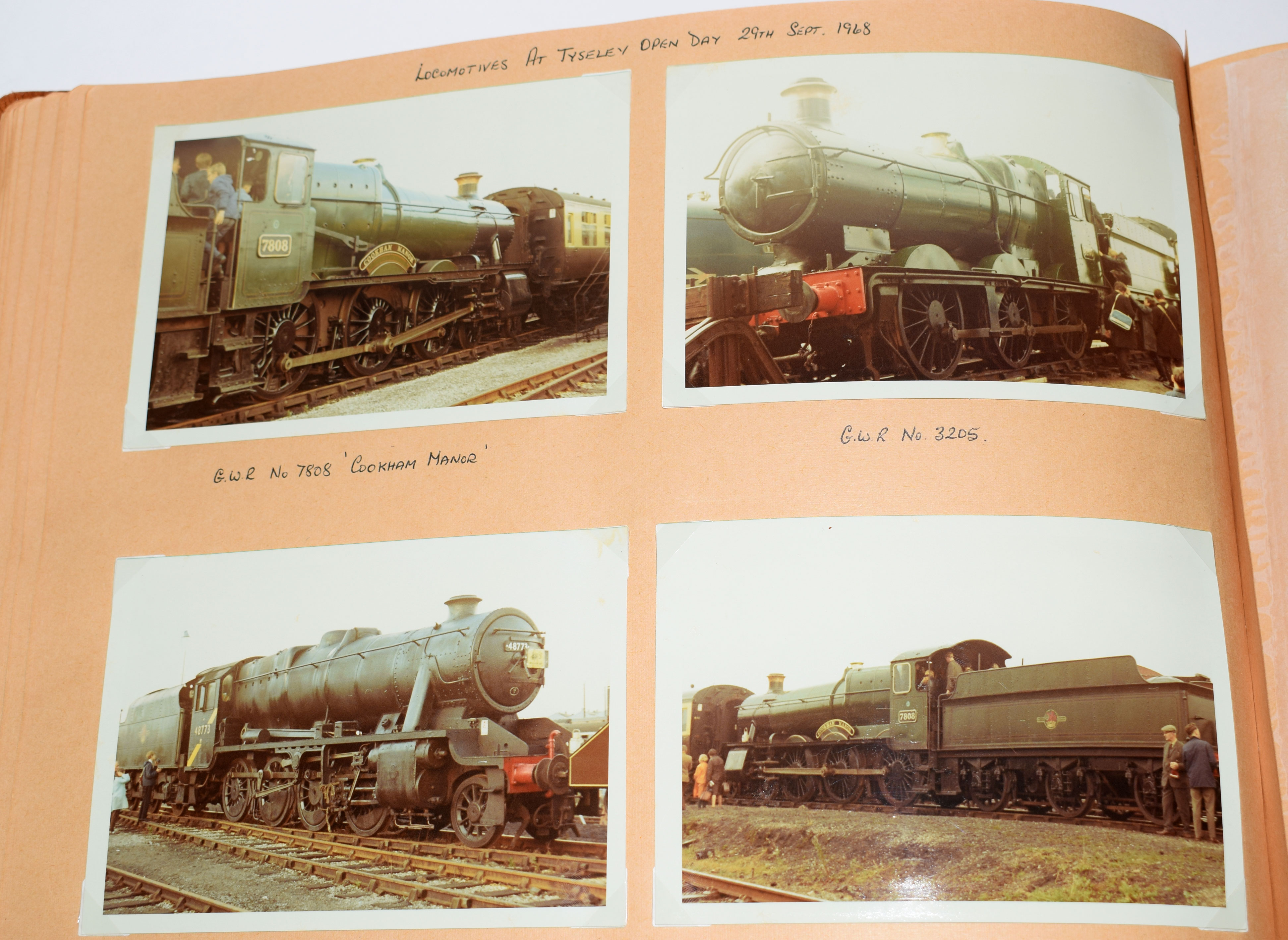 Brown photo album 34 x 24cm containing just over 200 labelled b/w and colour photos of British steam - Image 2 of 3