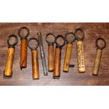 Collection of eight railway-interest Corkscrews in wooden barrels: 1 x Great Eastern section of