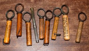 Collection of eight railway-interest Corkscrews in wooden barrels: 1 x Great Eastern section of