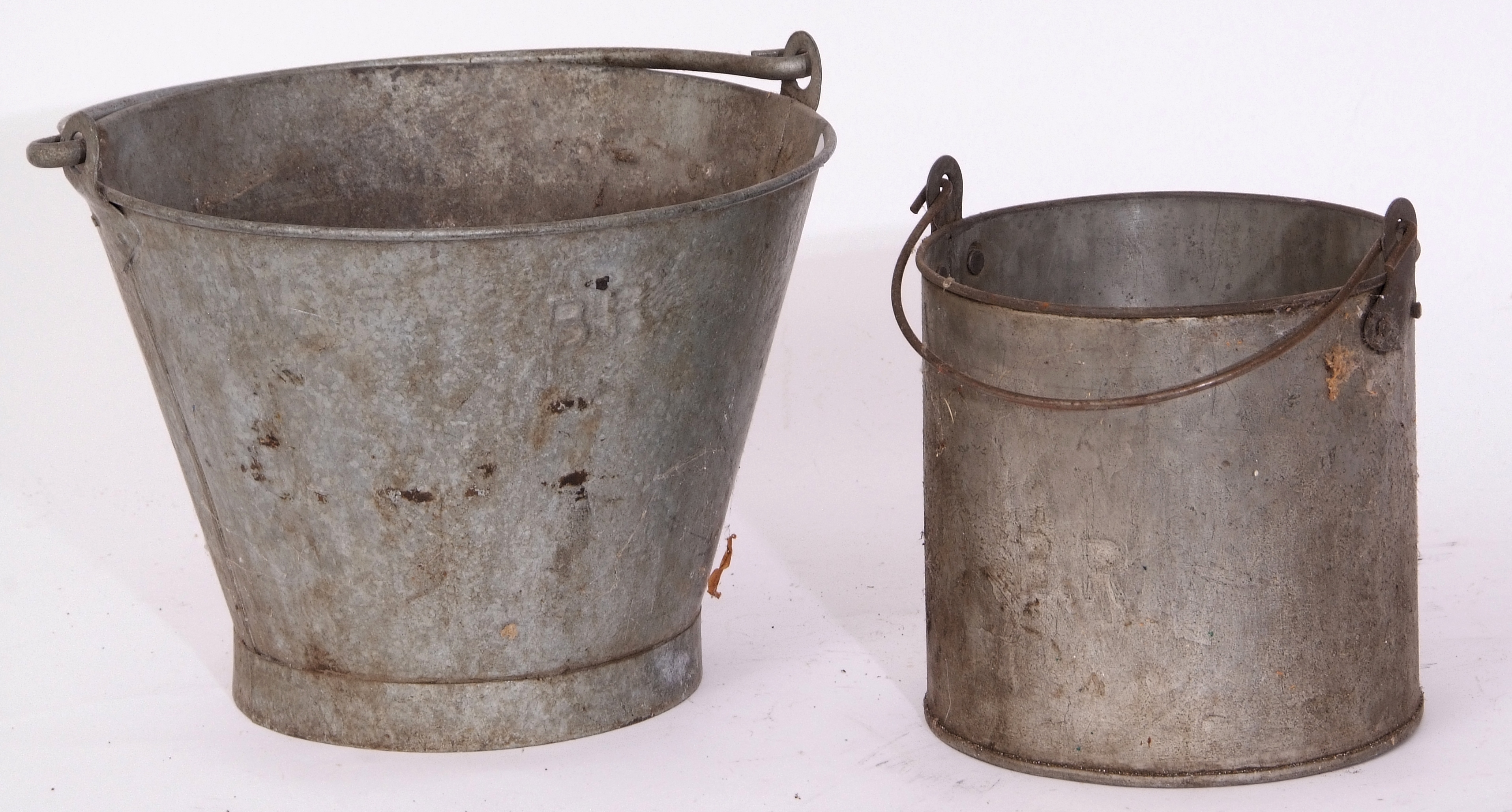 Railway Tools: Galvanised bucket together with cylindrical can 19cmhigh x 20cm dia, both stamped ‘