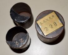 Three pay tins: 1 x ‘LNER 228’ on brass plate together with 2 x LMS, one hand painted ‘29’, and