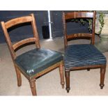 Pair of sturdy wooden railway interest GER office chairs, one with worn green Rexine pad, the