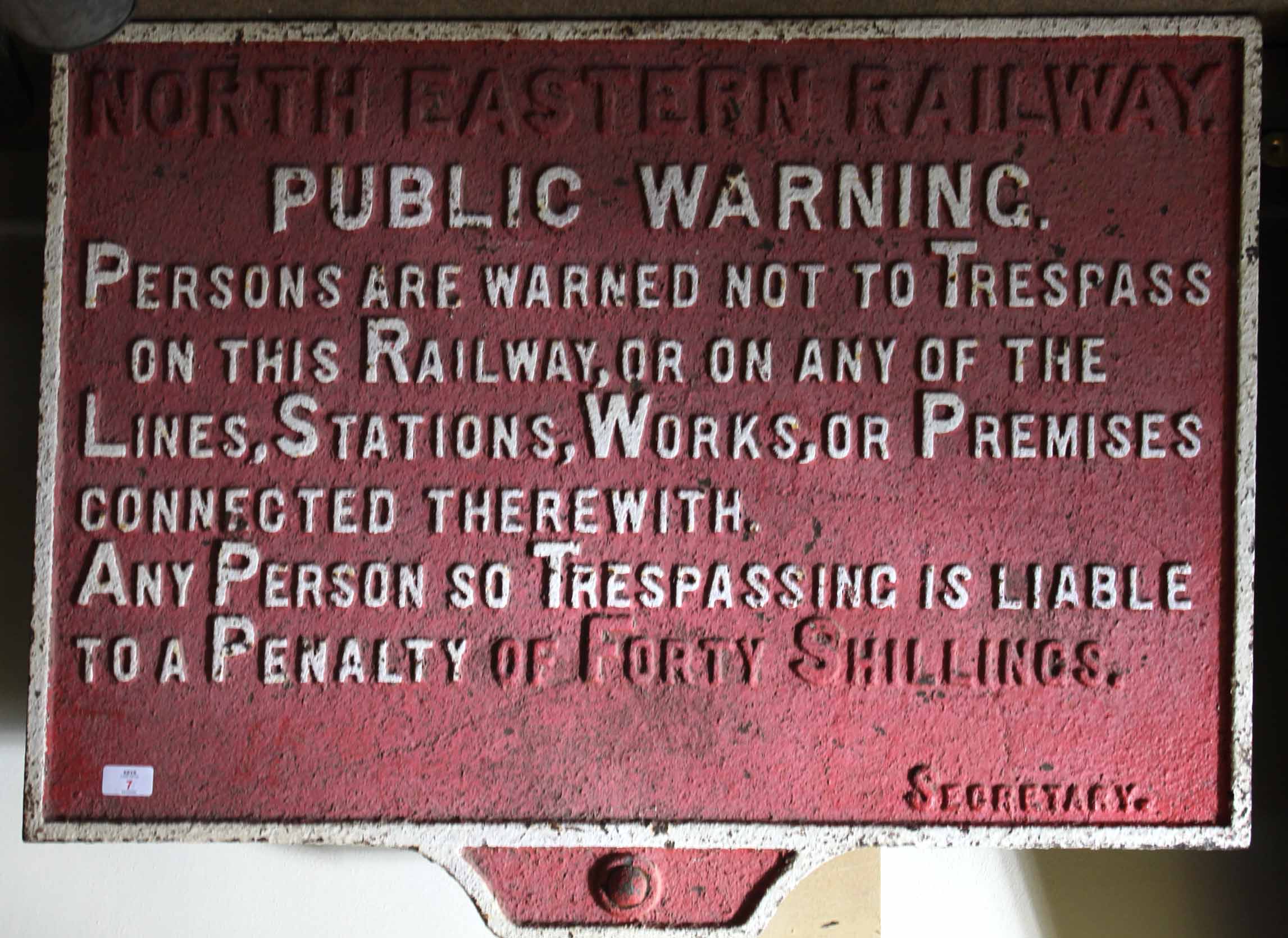 Railway Signage: NER cast iron Trespass Sign 91 x 61cm – Penalty of Forty shillings. Unrestored.