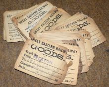 Approx 40 x GER railway wagon labels, grubby and fragile at the edges, all completed for shipments