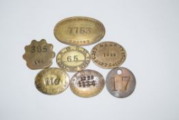 Collection of seven LNER brass railway Paychecks: 1 x large oval ‘Running Dept. Gorton’, 1 x oval ‘