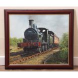 Framed oil on canvas railway-interest painting of ex-GER J15 0-6-0, now preserved on the NNR,