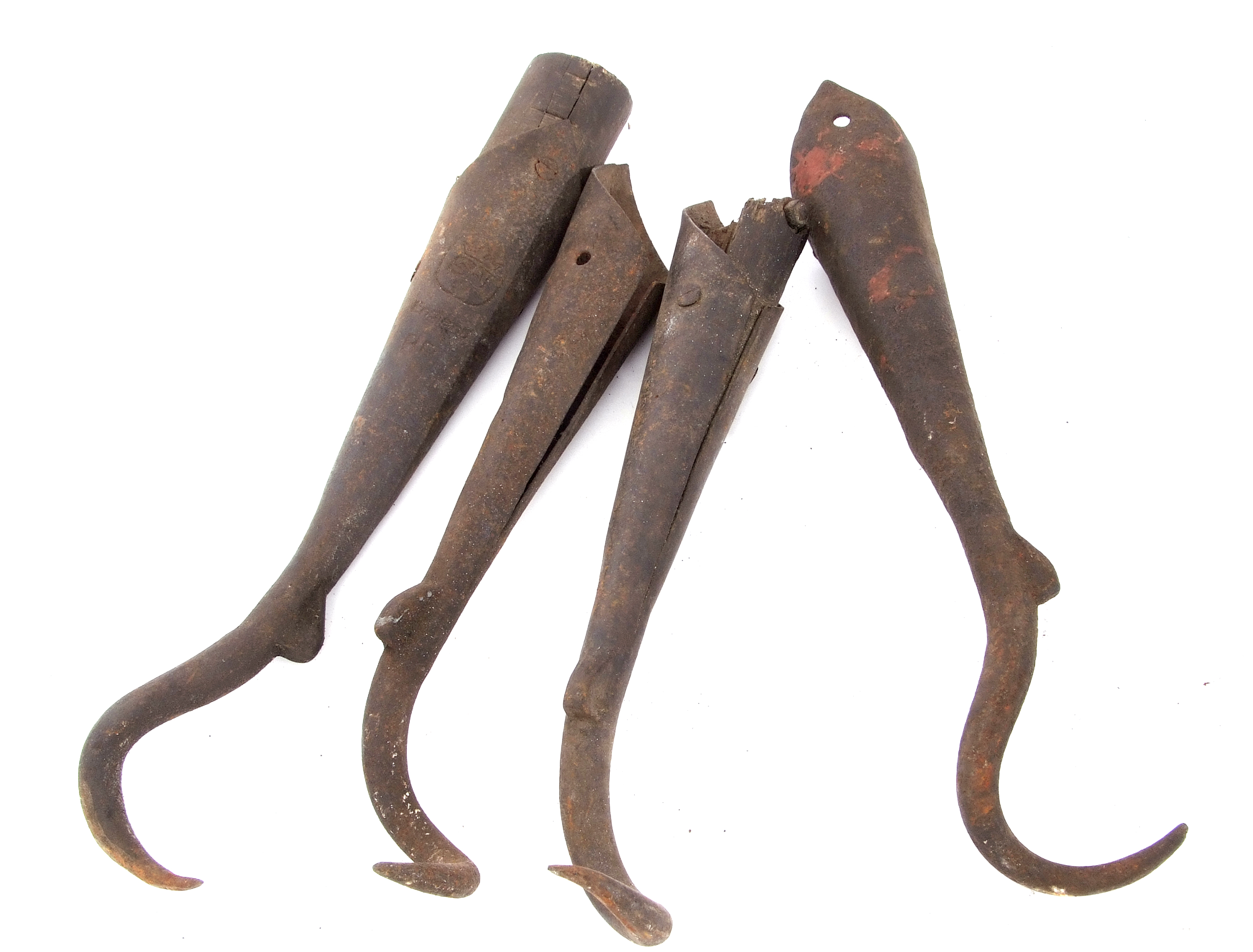 Railway Tools: Four metal hooks from shunting poles, two marked ‘BR’ and two with no railway