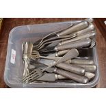 A box of plated railway cutlery in various different styles: LNER – 2 knives & 7 forks. LMS – 5