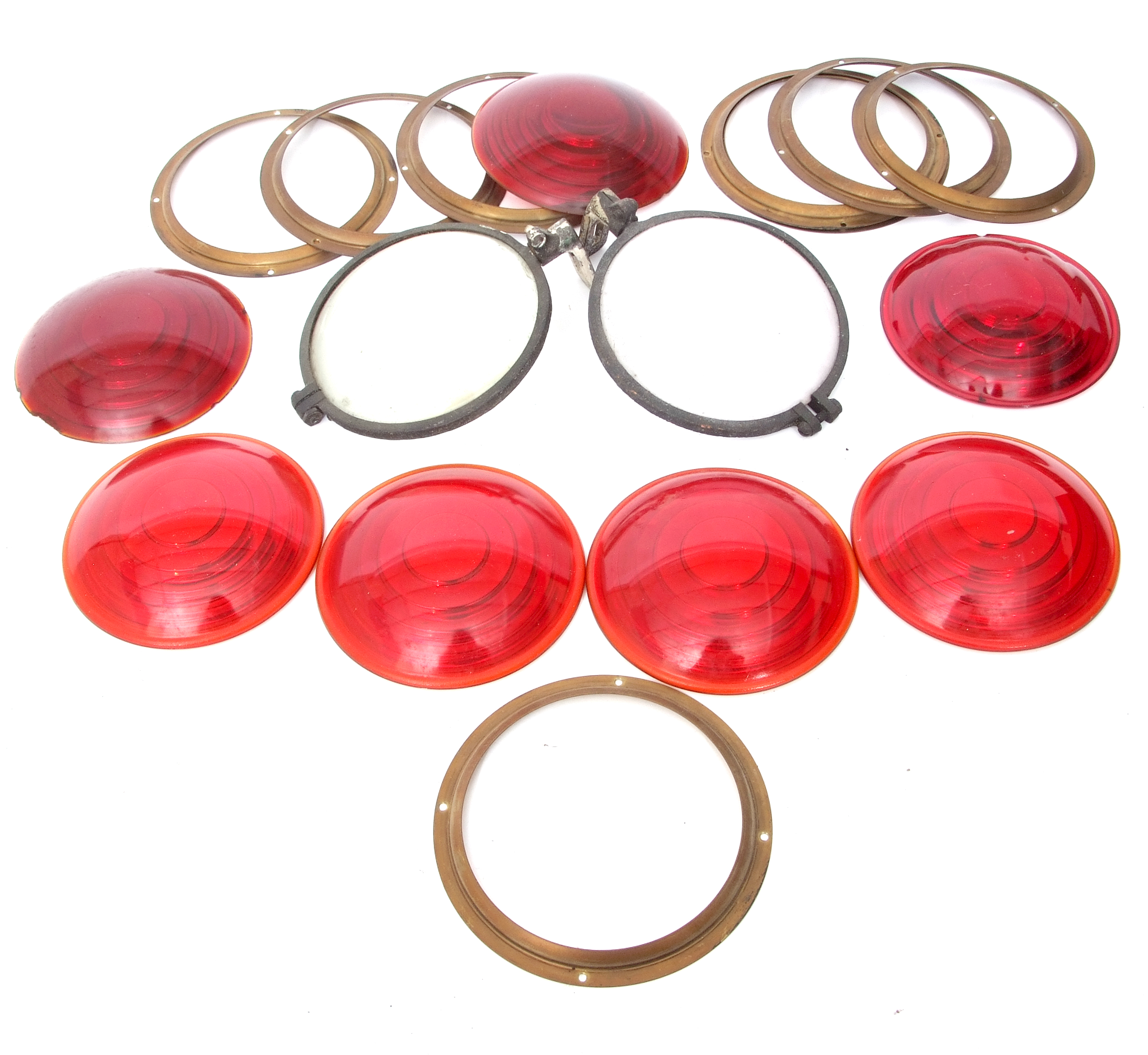 Railways Signalling Interest: Box of 7 x red glass lenses 13cm dia with separate brass retaining - Image 2 of 2