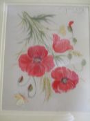 Pair of floral Paintings on silk, each framed, 29 x 16cm (frame 31 x 29cm)