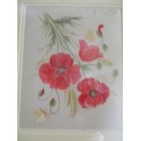 Pair of floral Paintings on silk, each framed, 29 x 16cm (frame 31 x 29cm)