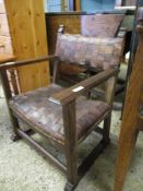 Vintage lattice-upholstered childs oak Armchair, width 57cm max