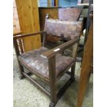 Vintage lattice-upholstered childs oak Armchair, width 57cm max