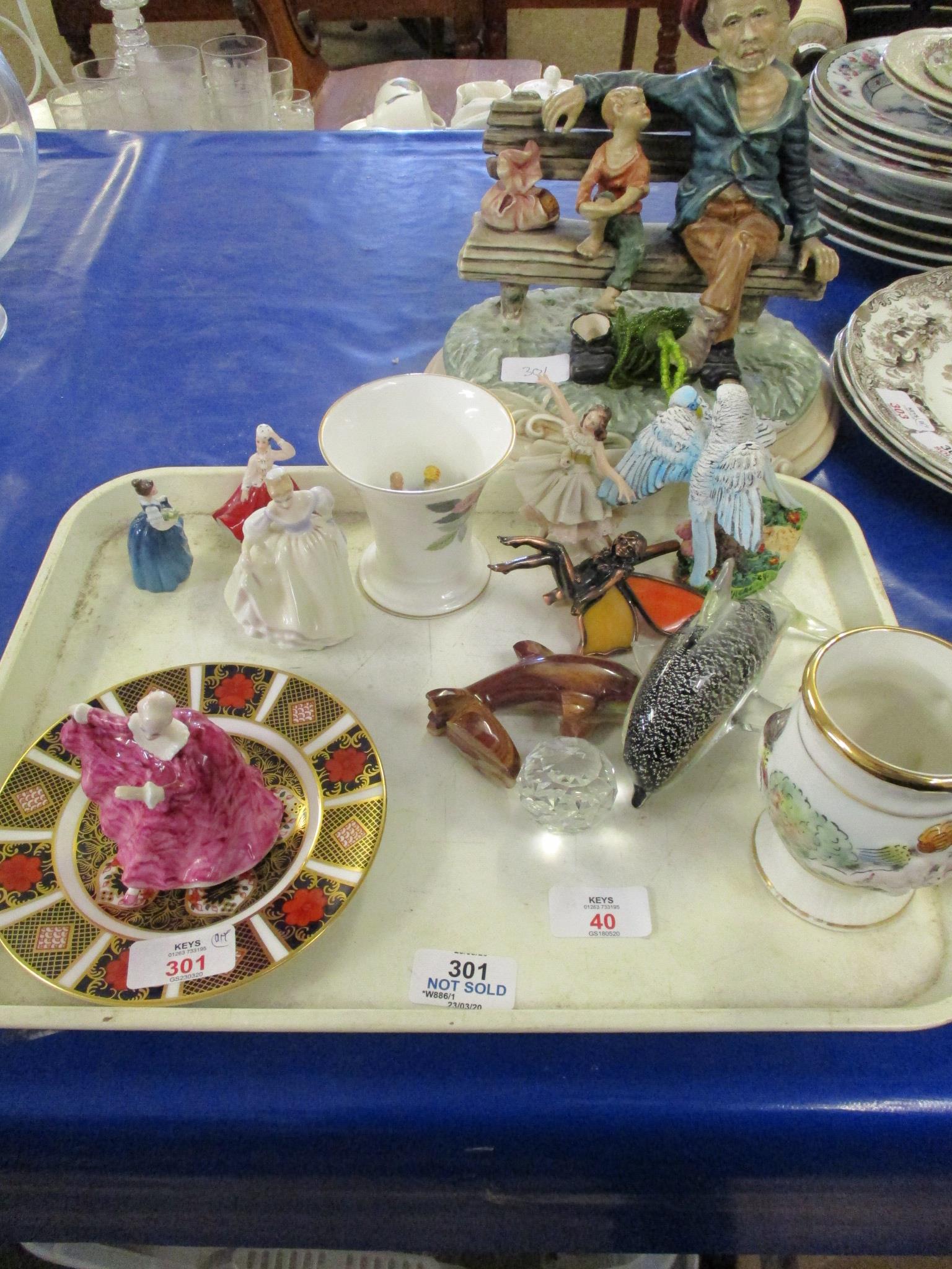 Mixed lot: Various including Royal Crown Derby 16cm Plate, lge Capodimonte Tramp Figure, etc.