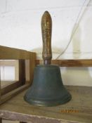 Large brass Hand Bell, with turned wood Handle, 27cm