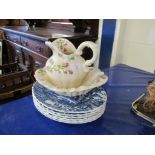 6 various Myott blue printed Dinner Plates, t/w rose decorated Wash Jug & Bowl