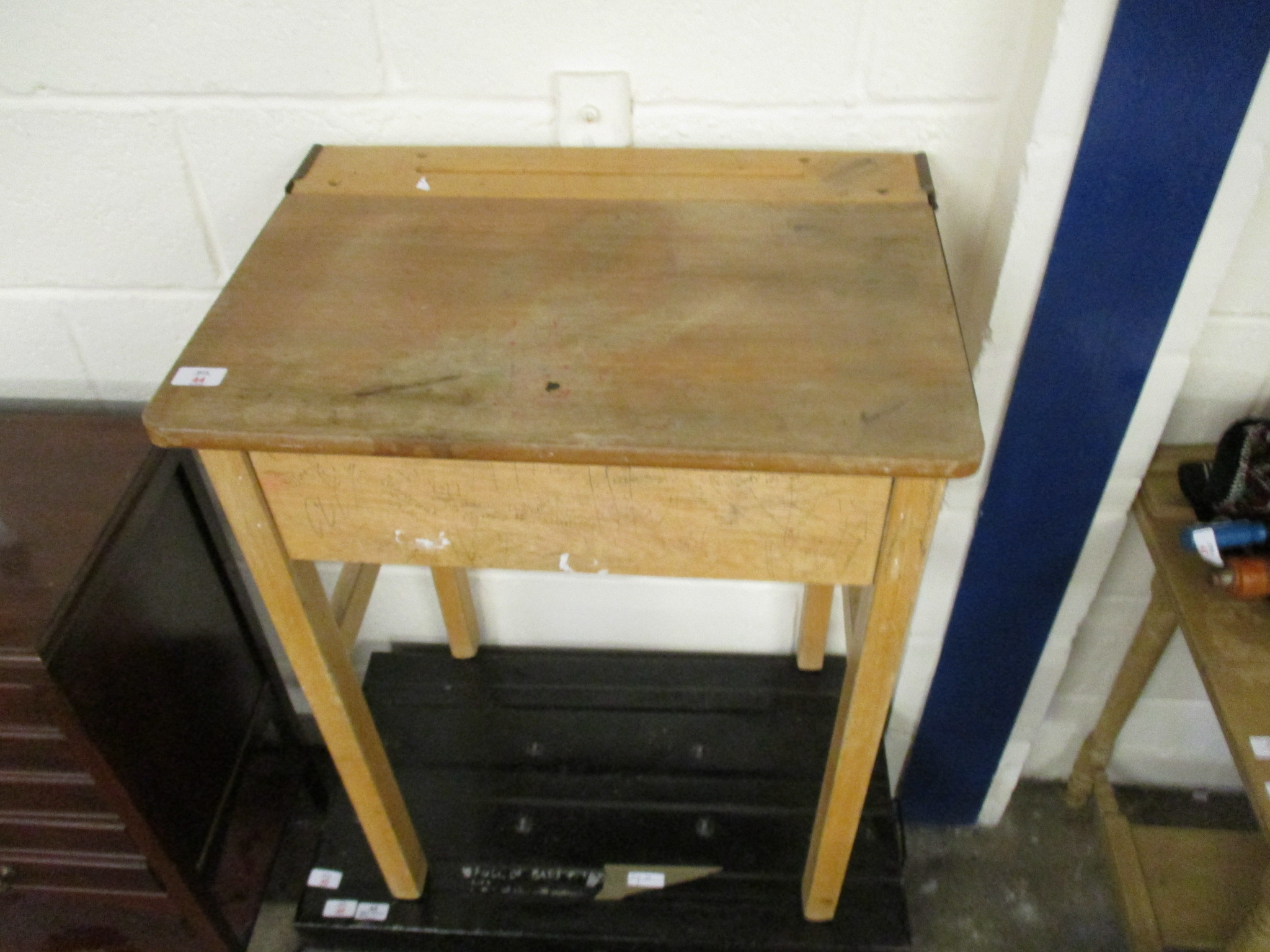 Beechwood single lift-up vintage School Desk, width 61cm - Image 4 of 4