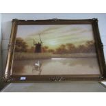 Modern oil on board, River Scene with windmill, in gilt frame