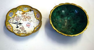 Cloisonne dish of lobed form, decorated with birds, together with a further malachite dish with