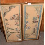 Two Chinese watercolours of warriors in light wooden frames, 53cm long (2)