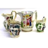 Group of 4 early 19th Century Pearlware jugs, 1 decorated in relief with promenaders, the other 3