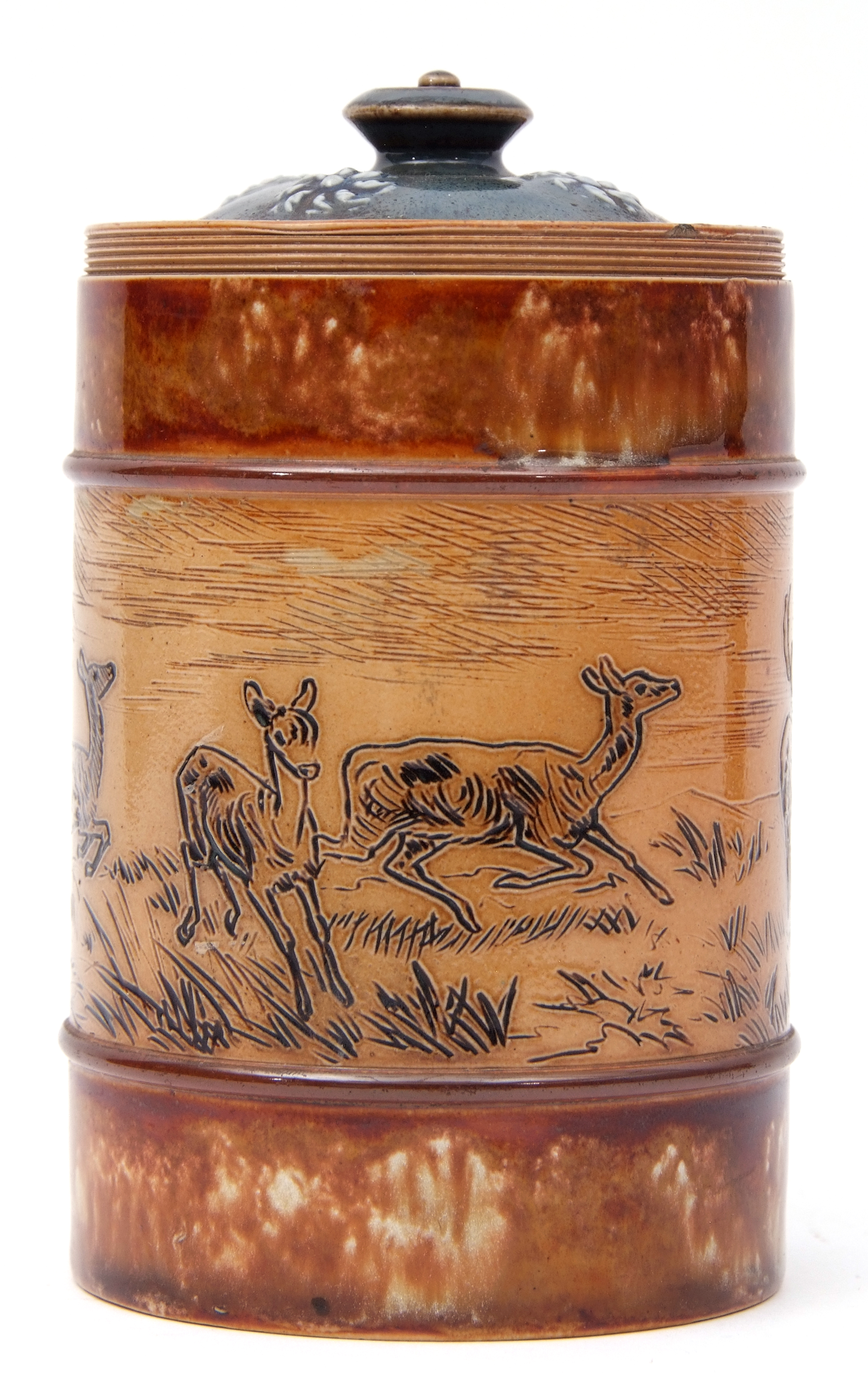 Doulton Lambeth tobacco jar and a cover, the jar with an incised design of deer on buff ground, by - Image 2 of 6