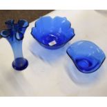 Two Orrefors Swedish blue bowls and a blue Orrefors vase and a further Art glass vase