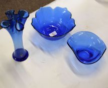 Two Orrefors Swedish blue bowls and a blue Orrefors vase and a further Art glass vase